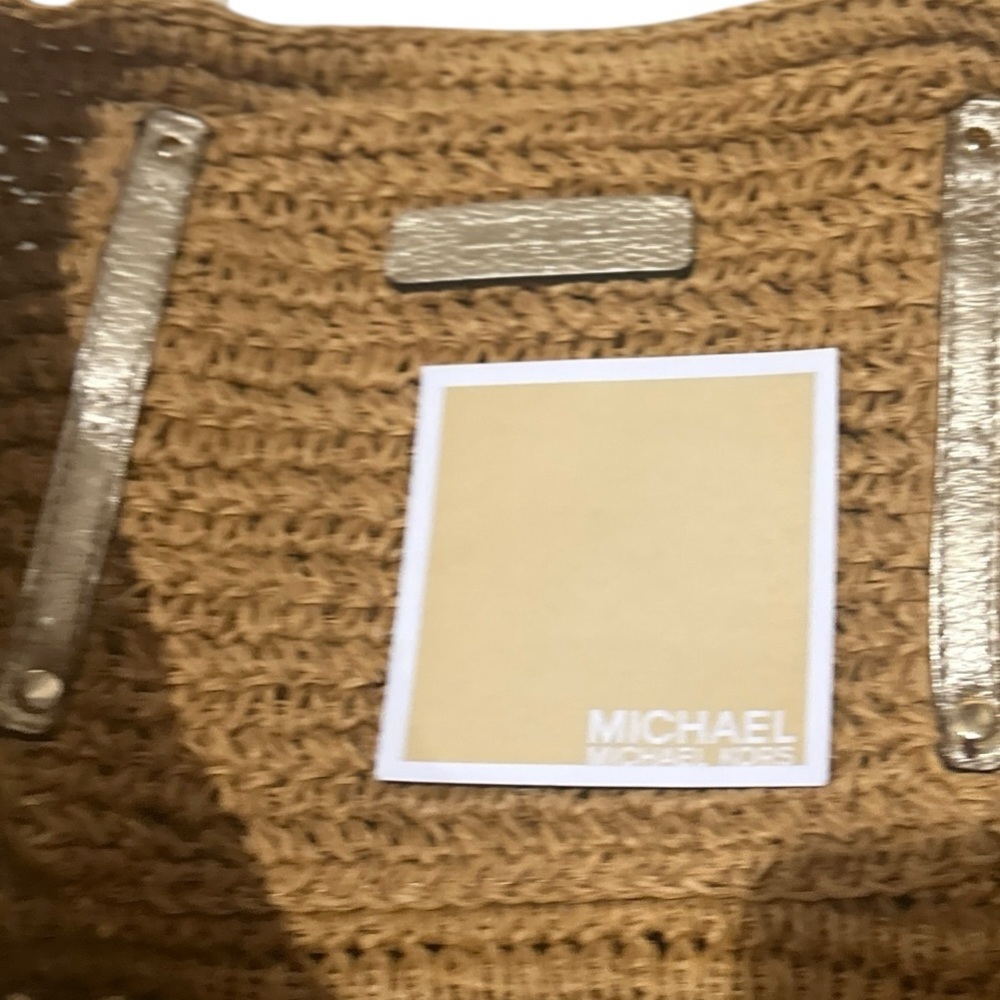 Michael Kors tan Woven straw Tote gold leather straps studded logo charm - Picture 10 of 11